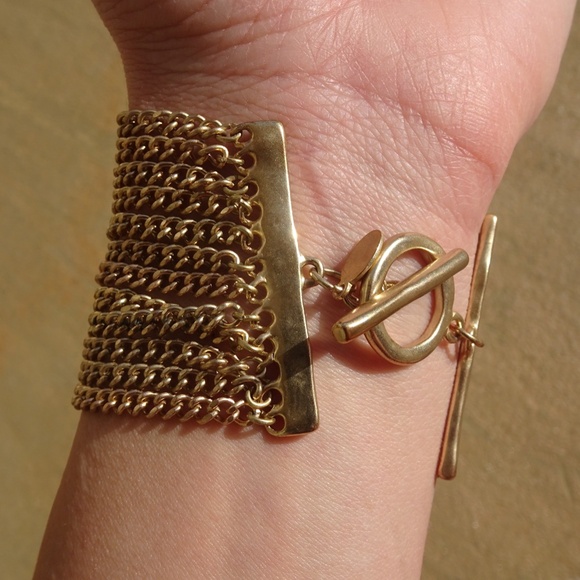 Chico's Gold Cable Chain & Picture Jasper Gemstone Big Boho Chic Toggle Bracelet - Picture 8 of 9